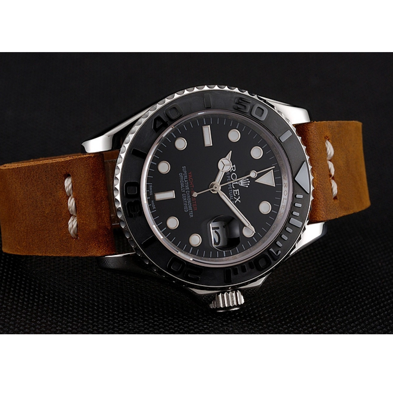 Aaa replica watch Bracelet Brown Leather 1453859 Master Dial Yacht Case Silver Rolex Black 0822
